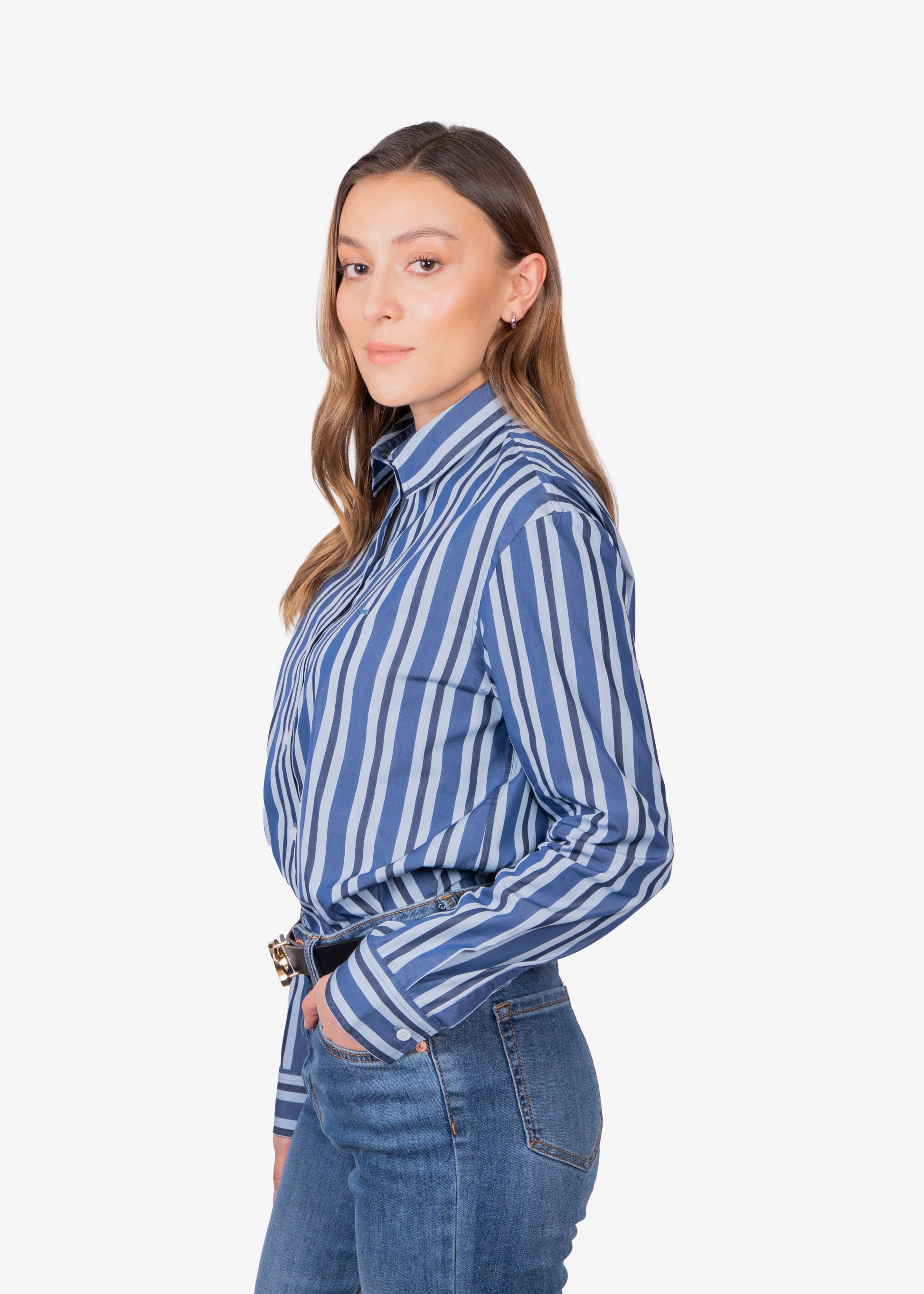 Blusa Dama Azul Rayas Algodón H&B