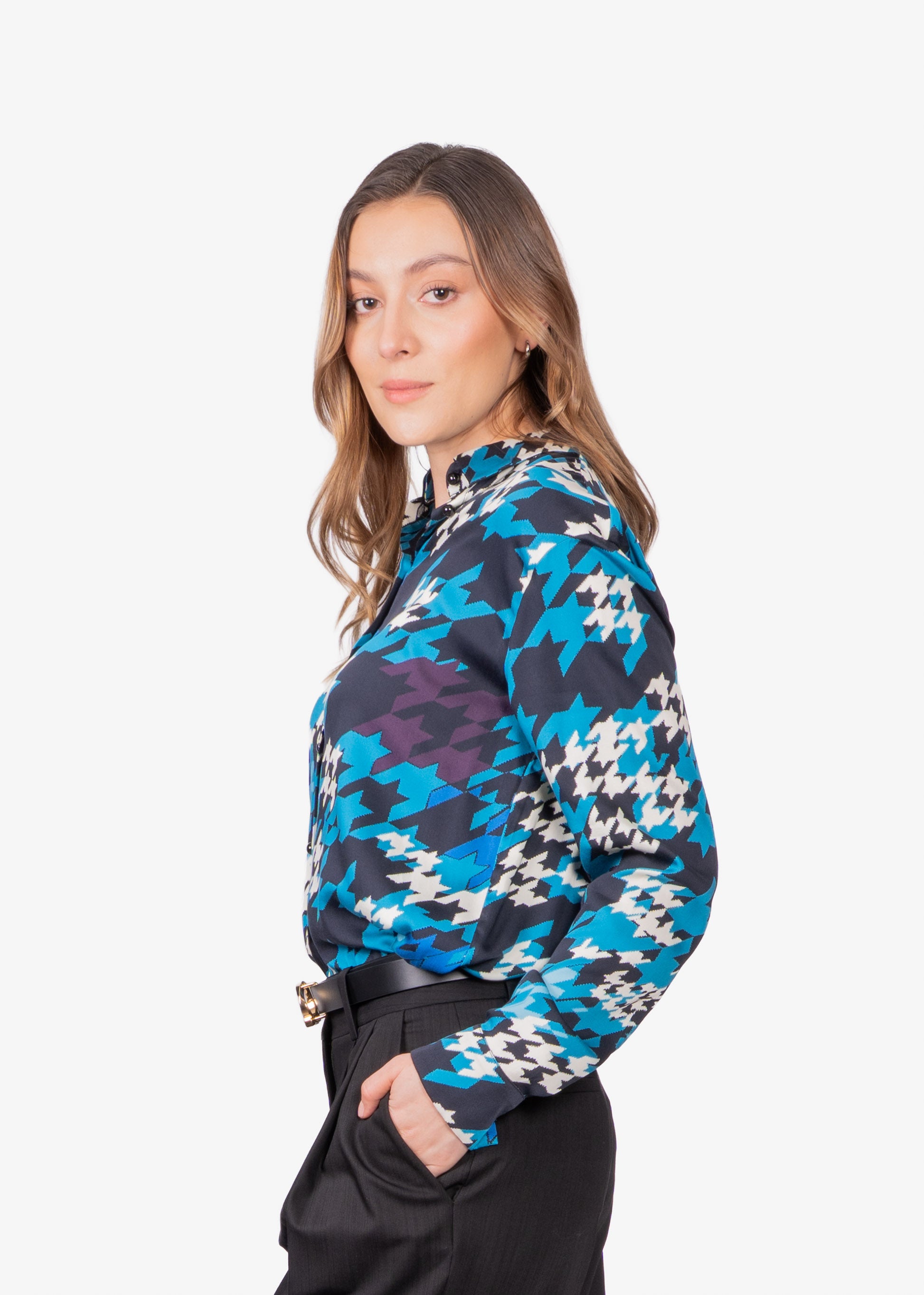 Blusa Dama Negra Azul Estampada H&B