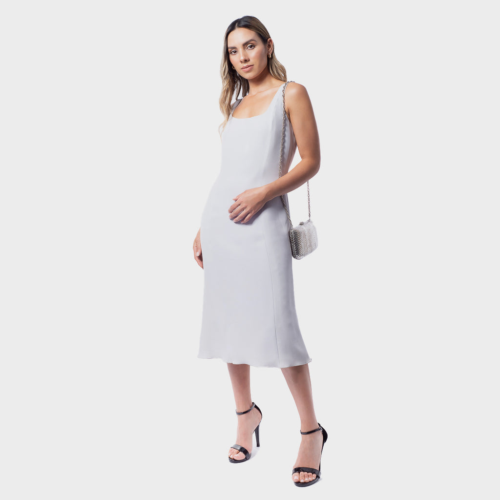 Vestido Midi Minimalista En Mezcla De Seda Tono Lila GA.