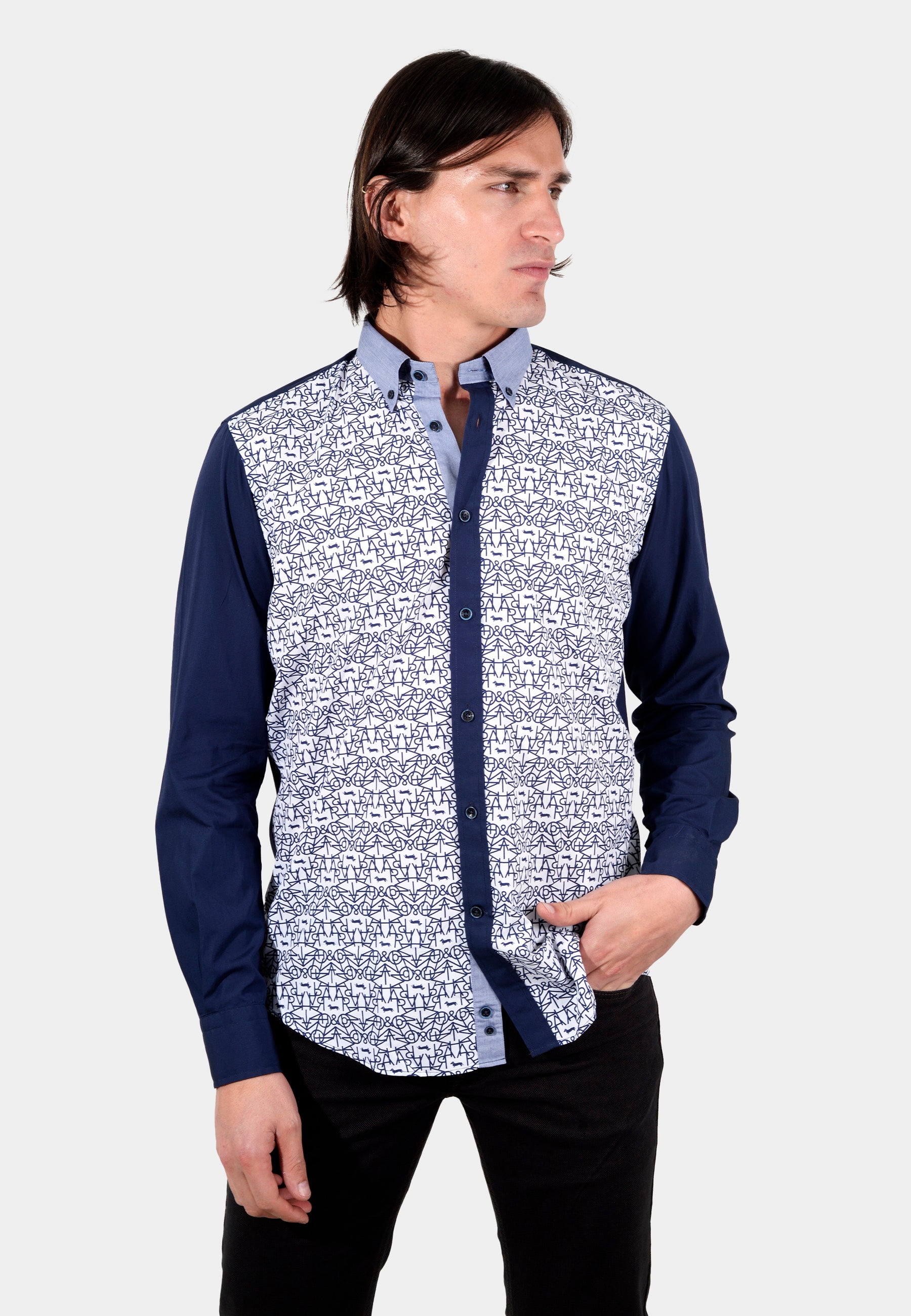 Camisa Estampada Frontal Azul Marino H&B