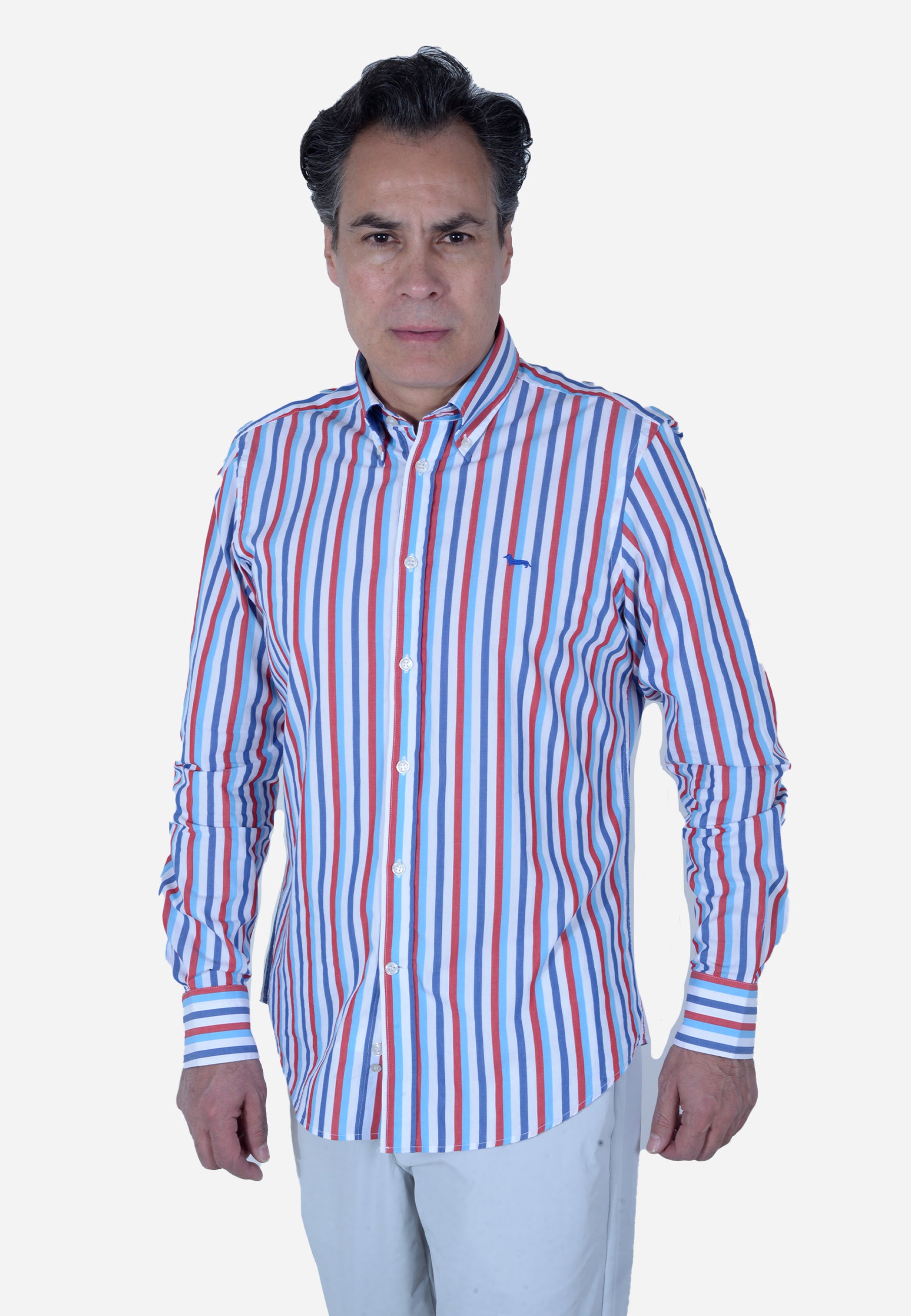 Camisa Hombre Rayas Azul/Rojo H&B