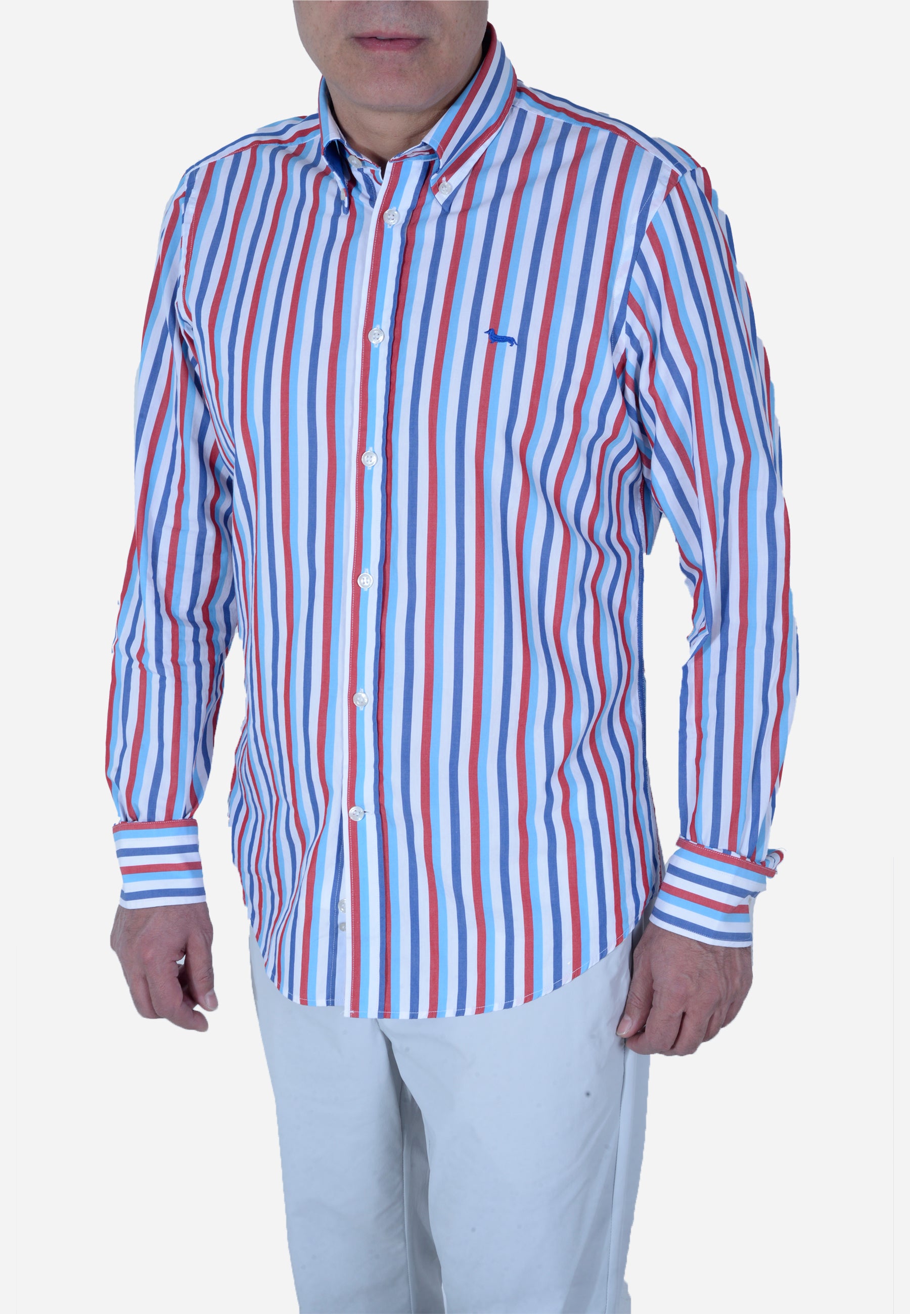 Camisa Hombre Rayas Azul/Rojo H&B