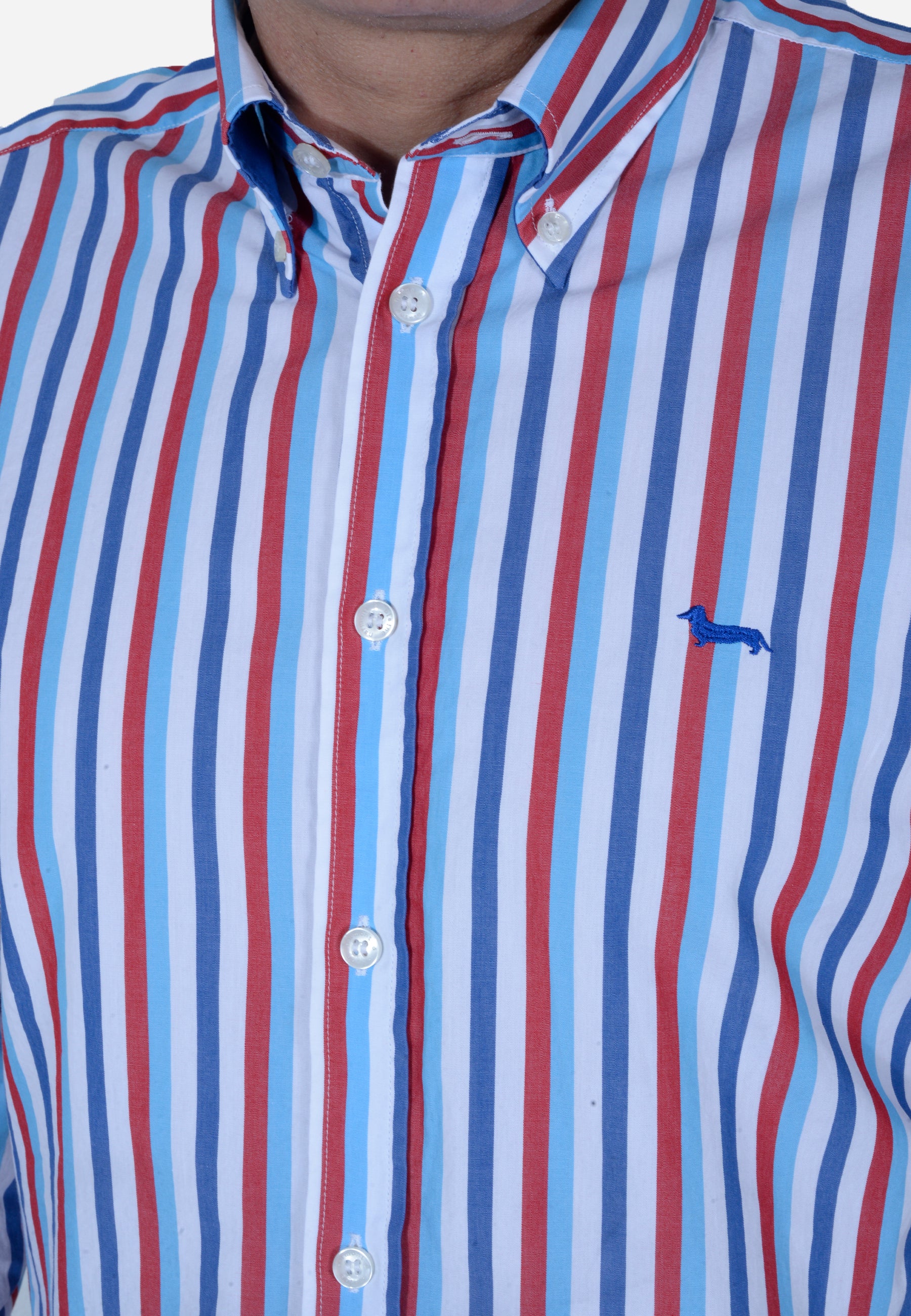 Camisa Hombre Rayas Azul/Rojo H&B