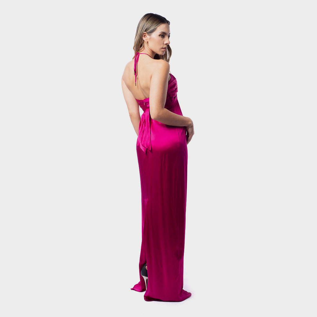 Vestido Largo De Noche En Seda Fucsia Con Busto Drapeado G.
