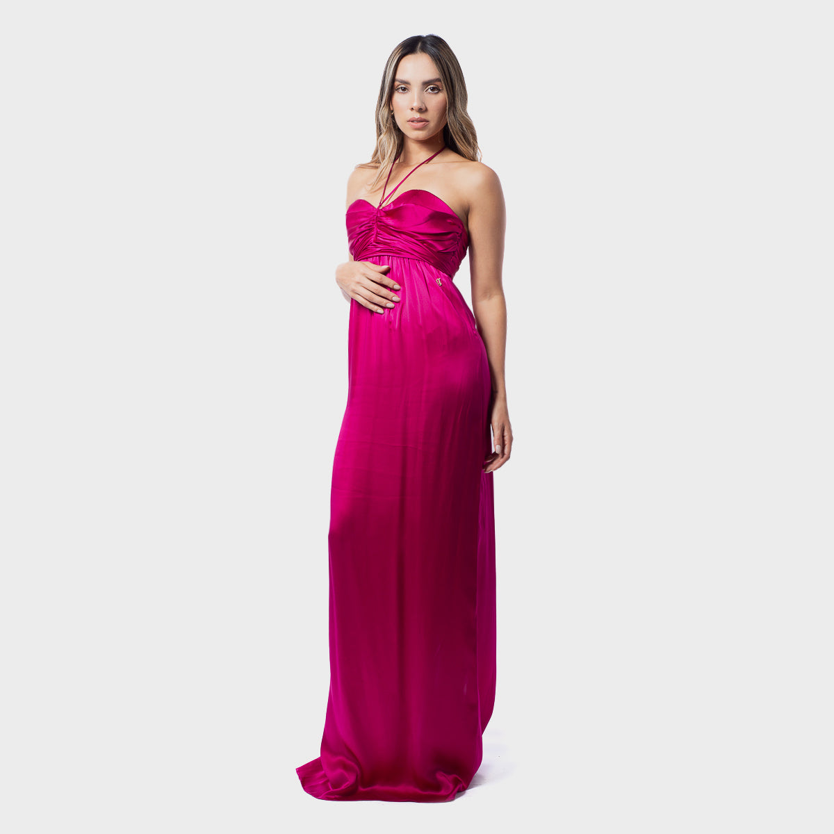 Vestido Largo De Noche En Seda Fucsia Con Busto Drapeado G.