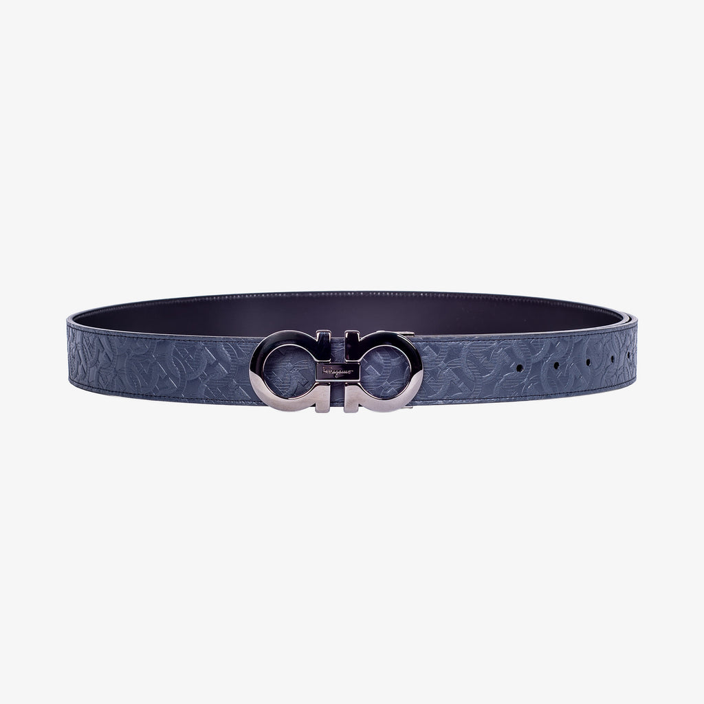 Cinturón Gancini Grabado Reversible Negro/Azul Cuero