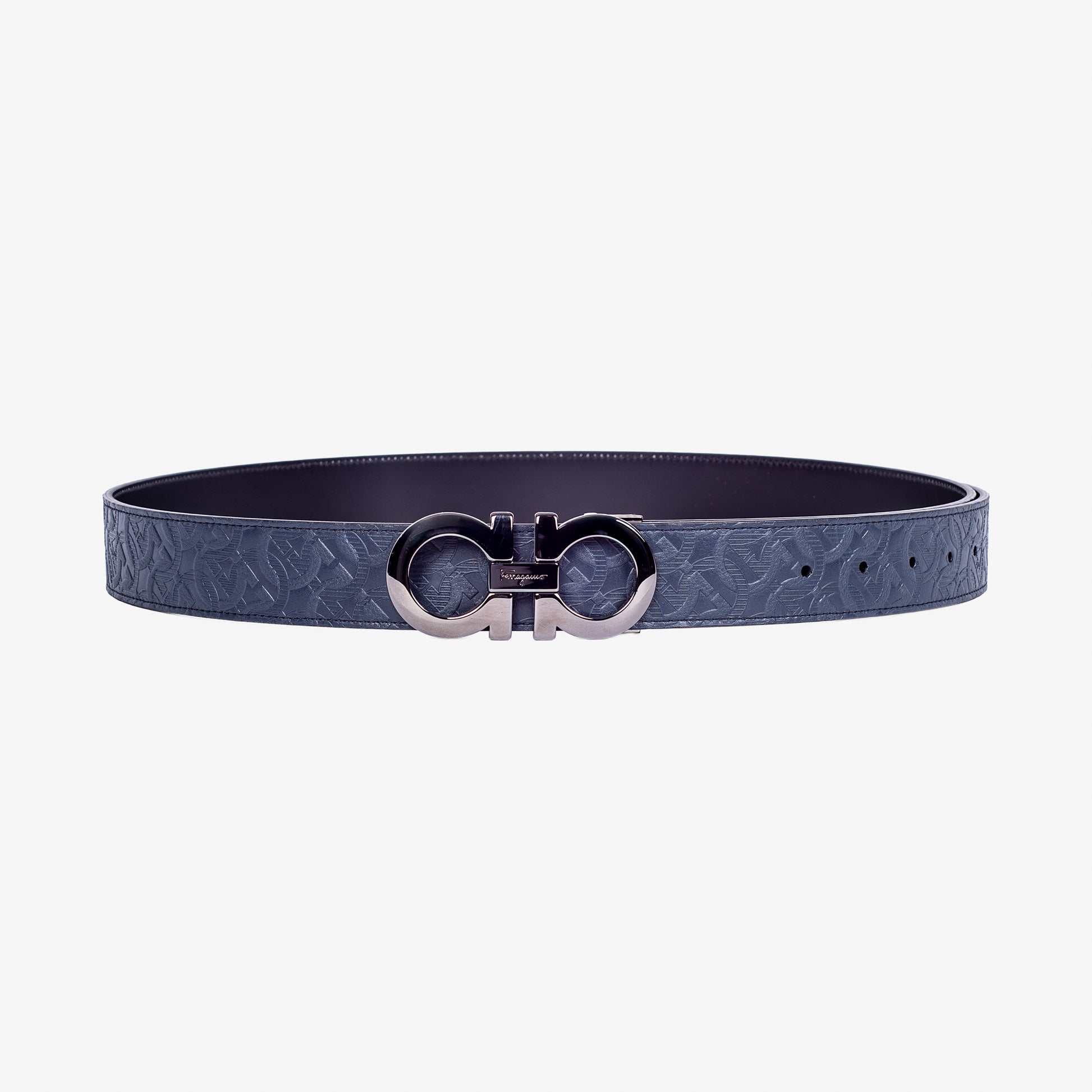 Cinturón Gancini Grabado Reversible Negro/Azul Cuero