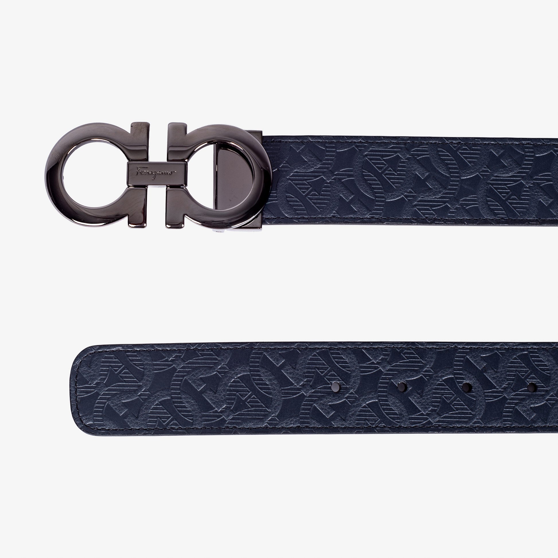 Cinturón Gancini Grabado Reversible Negro/Azul Cuero