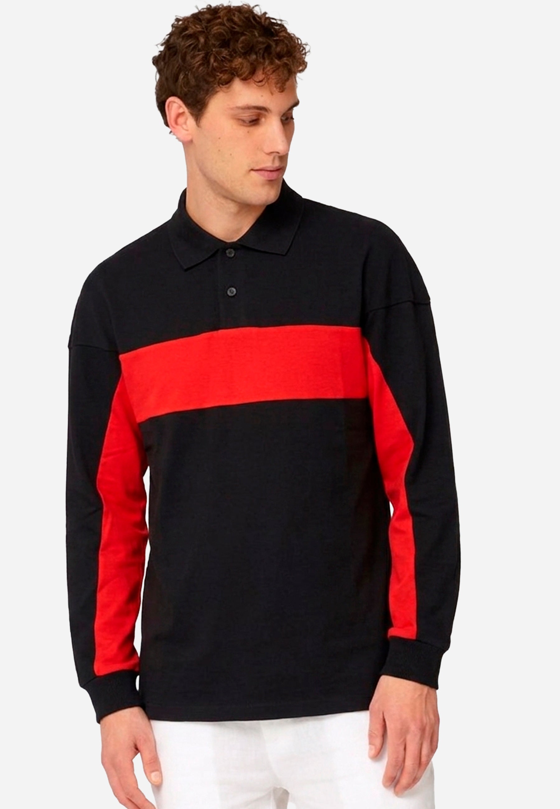 Camiseta Polo Manga Larga Negra/Rojo S.F.