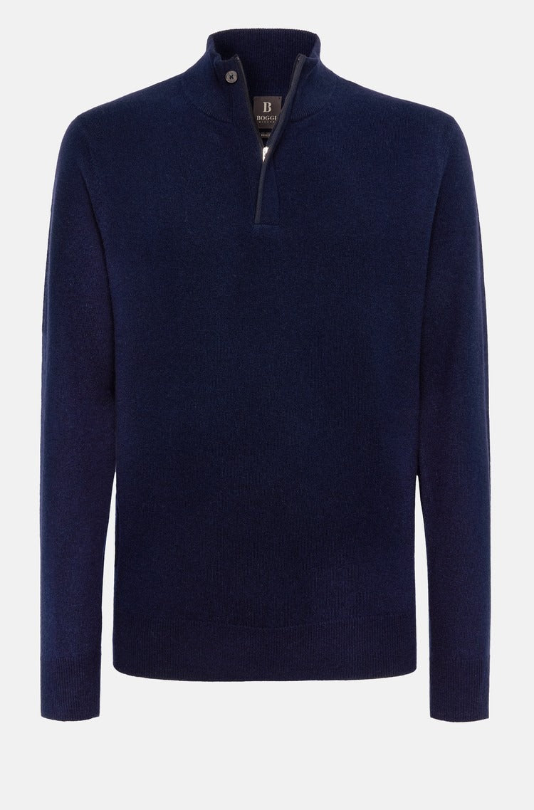 Sweater Halfzip Azul Marino en Lana y Cashmere B.