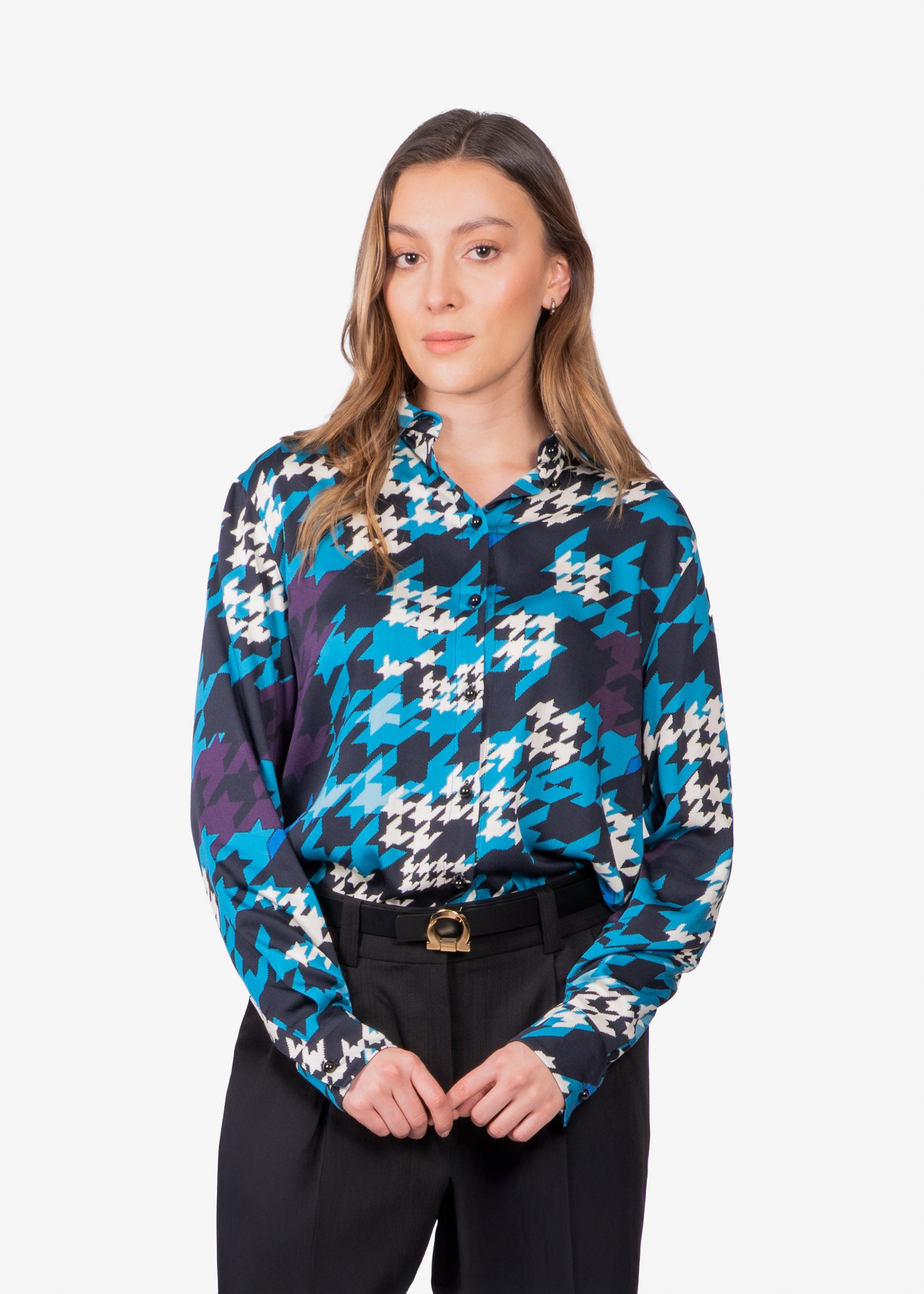 Blusa Dama Negra Azul Estampada H&B