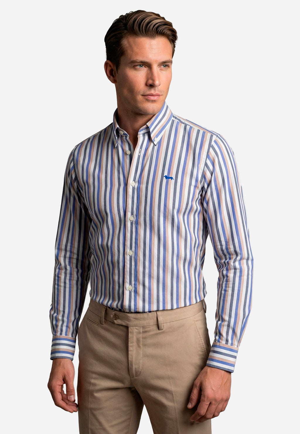 Camisa Hombre Rayas Azul/Café H&B