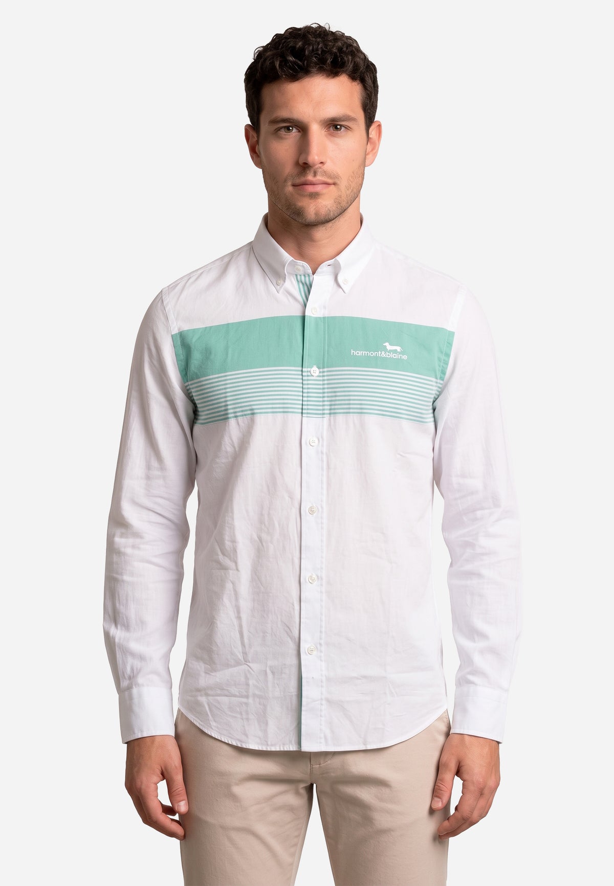Camisa Blanca Con Franja Verde Contrastante HYB.