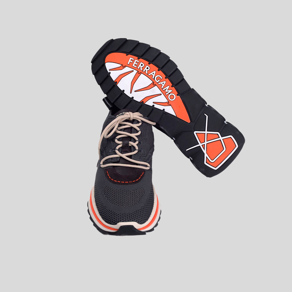 TENIS FERRAGAMO GRIS / NARANJA FABRIC + PL (760934-NIM KNIT )