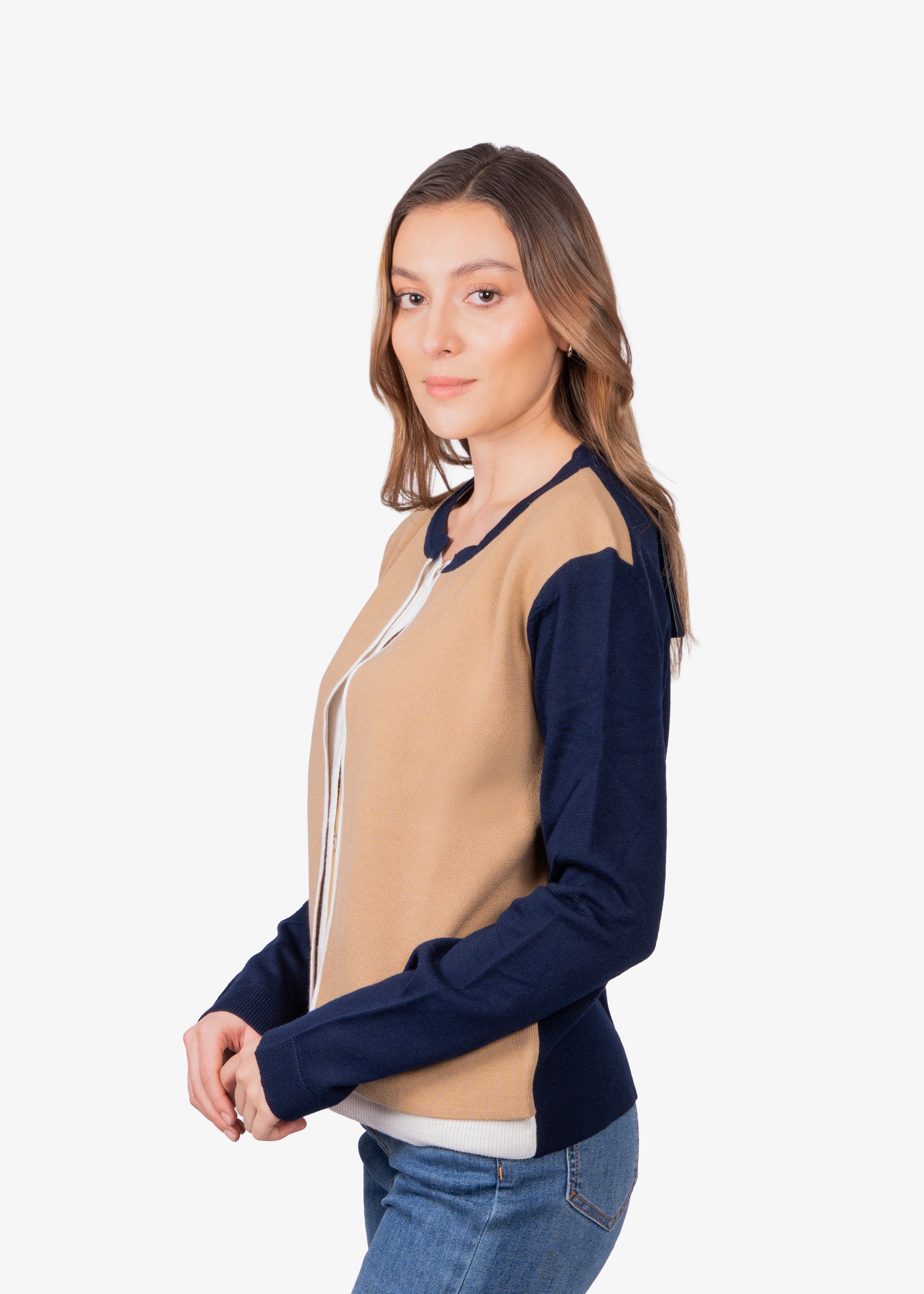 Sweater Dama Beige/Azul Marino Lana H&B
