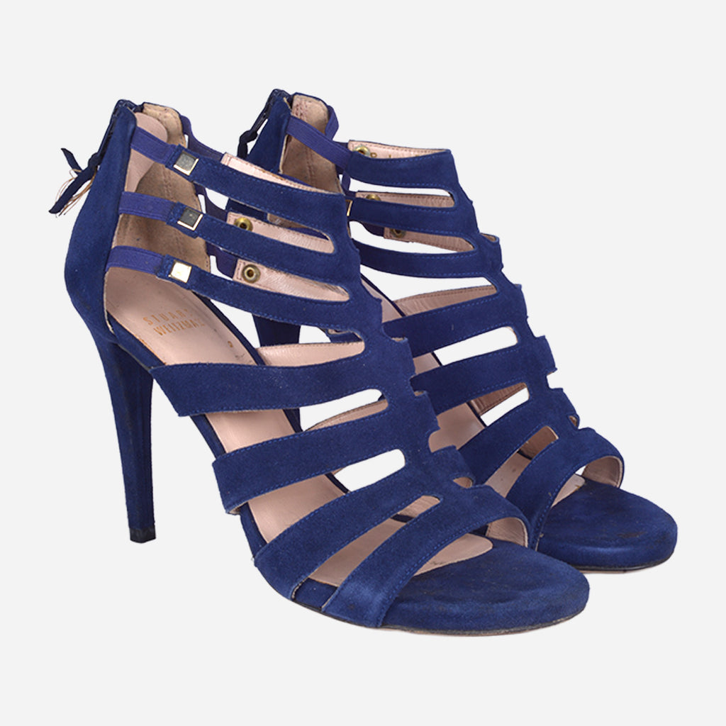Sandalia De Tacón Estilo Jaula En Gamuza Azul SW.