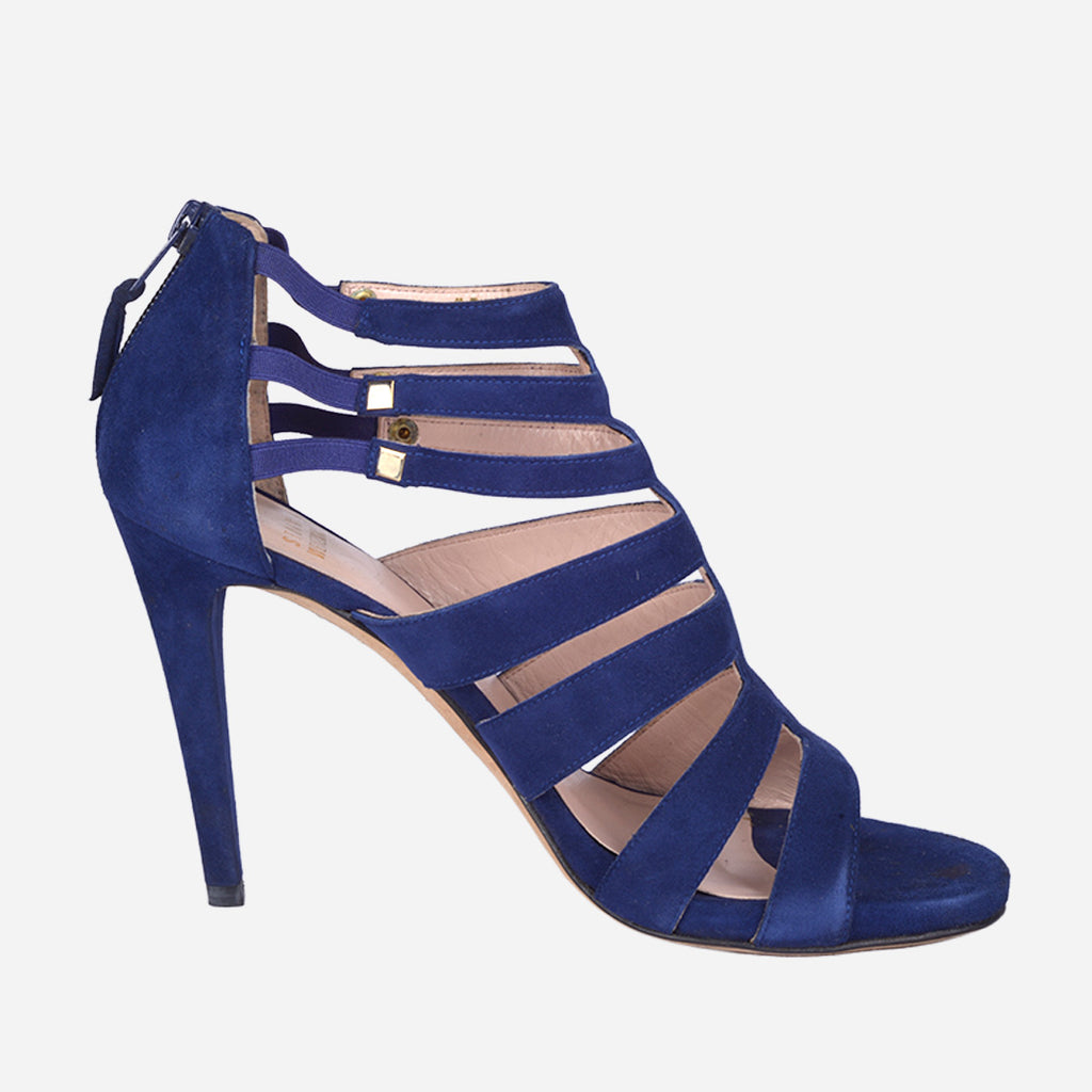 Sandalia De Tacón Estilo Jaula En Gamuza Azul SW.