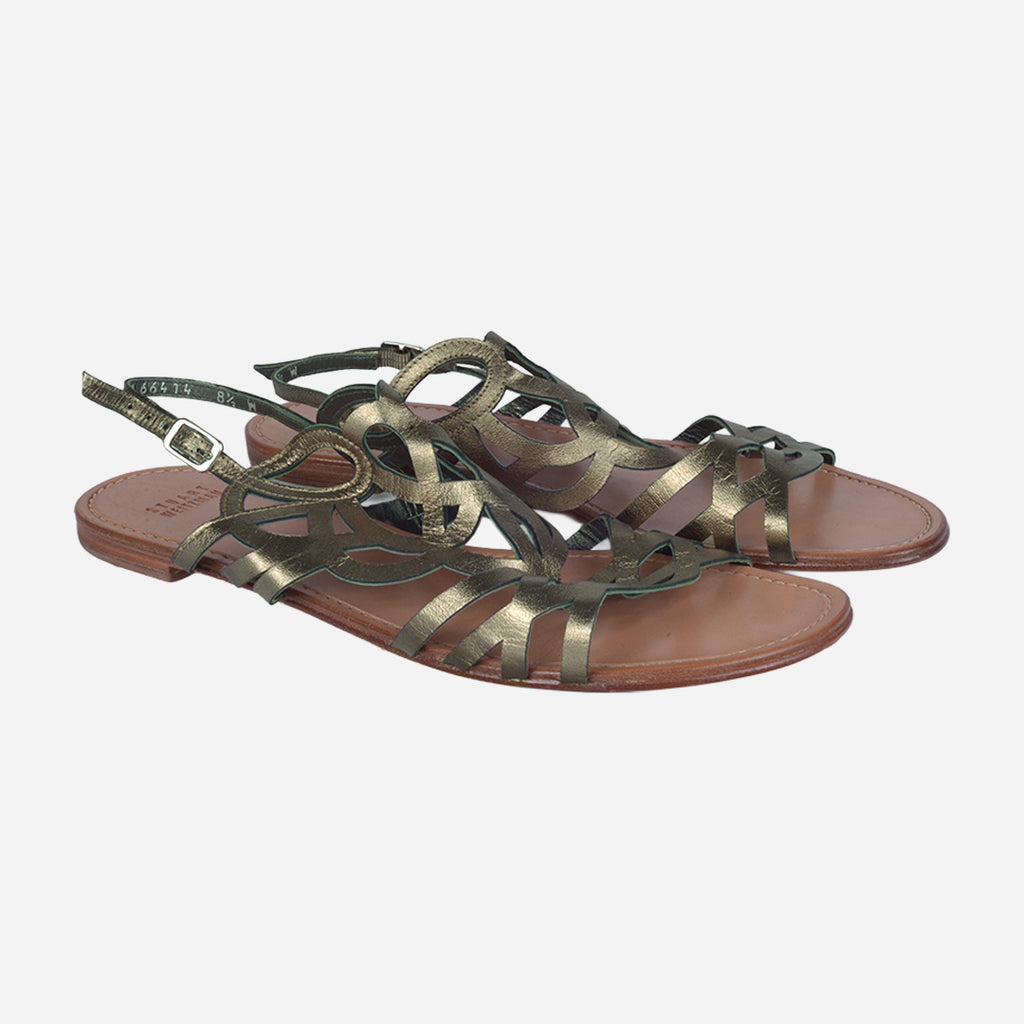 Sandalia Plana Con Diseño Entrelazado En Piel Verde Metalizada SW.