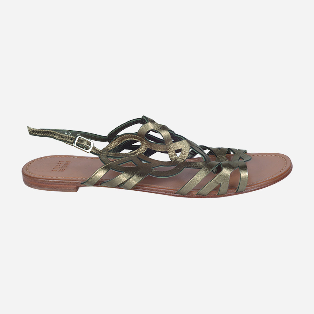 Sandalia Plana Con Diseño Entrelazado En Piel Verde Metalizada SW.