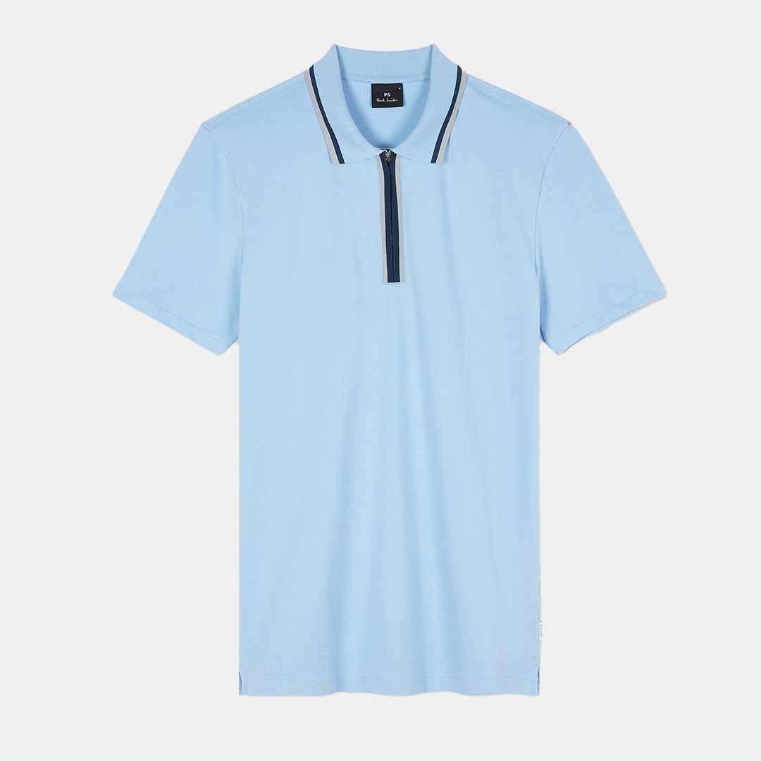 Polo azul claro de algodón orgánico con cuello con cremallera