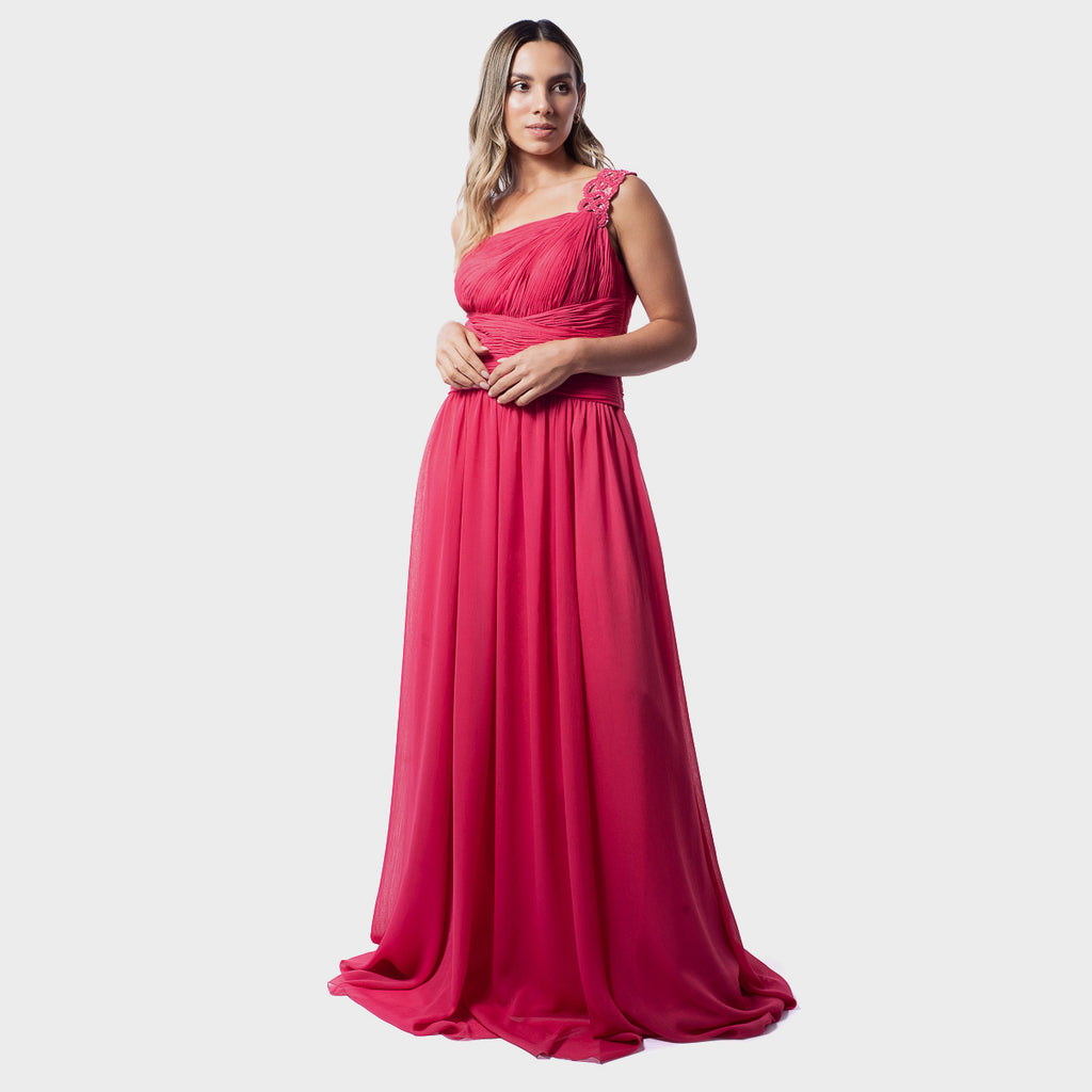 Vestido De Fiesta Largo Asimétrico En Gasa Fucsia
