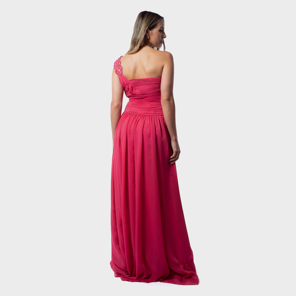 Vestido De Fiesta Largo Asimétrico En Gasa Fucsia