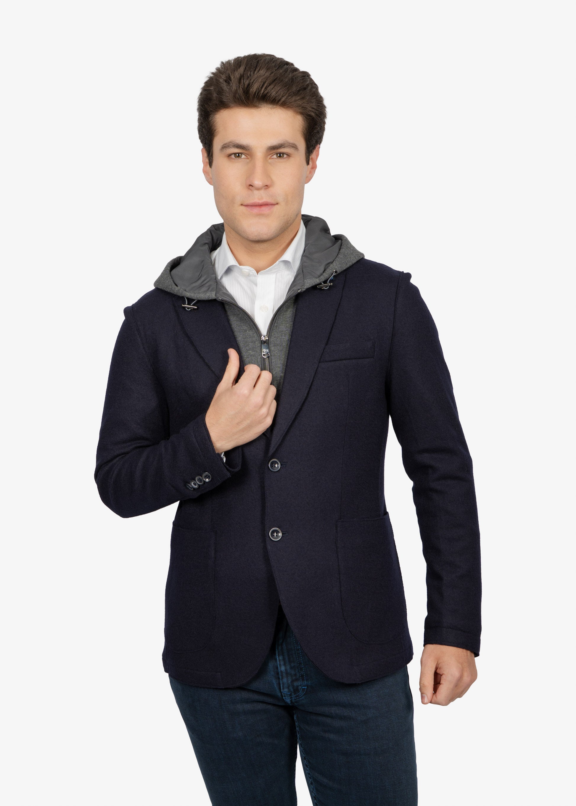 Saco Azul Oscuro con Hood Integrada Gris H&B